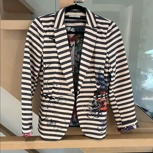 Desigual Navy and Cream Striped Blazer with Artistic Floral Lining.